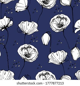 Pattern with big poppy, red flower, wild plants. Background for children and adults with a red delicate poppy at different angles. manual graphics. isolate. For textile, wallpaper, design, packaging.