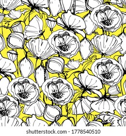 Pattern with big poppy, red flower, wild plants. Background for children and adults with a red delicate poppy at different angles. manual graphics. isolate. For textile, wallpaper, design, packaging.