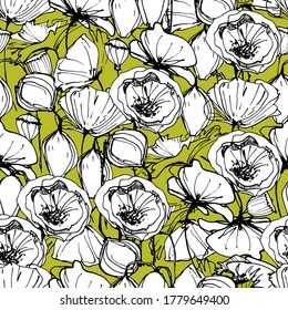 Pattern with big poppy, red flower, wild plants. Background for children and adults with a red delicate poppy at different angles. manual graphics. isolate. For textile, wallpaper, design, packaging.