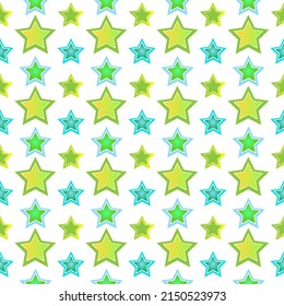 Pattern with big and small stars. Vector illustration isolated on white background. For packaging, fabric and prints, stationery and scrapbooking, covers and brochures, holidays, baby products.