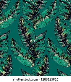 Pattern with big  tropical leaves on green background