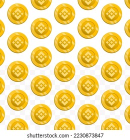 Patrón de monedas de binancia sobre fondo transparente con mini doodle (iconos) y color oro. Ilustración vectorial