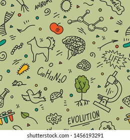 Pattern from biology hand drawn doodles. Education, science vector.