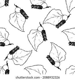 pattern of birch leaf with seeds. a seamless pattern of a small twig with a leaf and birch seeds is drawn in the style of a sketch, highlighted with a black outline often on white for the design 