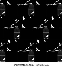 Pattern a bird in a cage black monohrome vector
