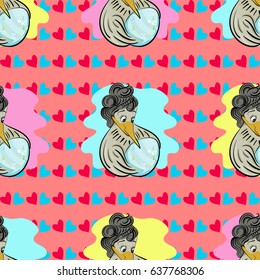 Pattern with a bird and an egg. Maternal love and care on a colorful background 