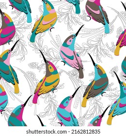  Pattern with bird and feathers for your design. Abstract minimalistic style. Print jungle seamless vector pattern