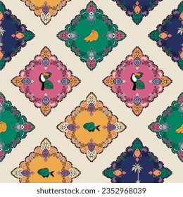 Pattern with bird, fish and fruit in a design with baroque elements