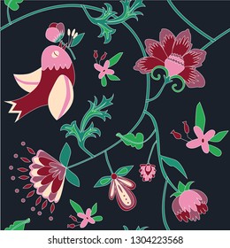 pattern with a bird on a dark background,bird in its beak holds a flower