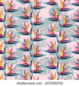 Pattern with Bird of paradise flower - tropical plant. The bird of paradise flower Strelitzia is exotic flowers seamless background.