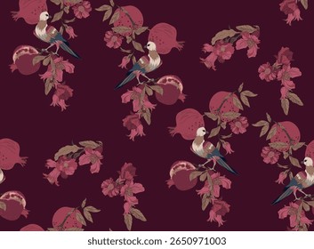 Pattern with bird of paradise, flowers, leaves and pomegranate fruits
