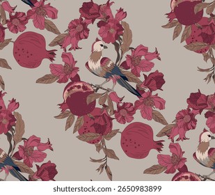  Pattern with bird of paradise, flowers, leaves and pomegranate fruits