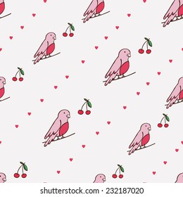 Pattern with bird, red heart, cherry