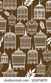 Pattern with birdcages and leaves a dark background