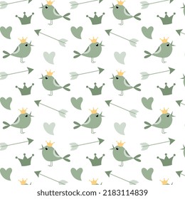 
Patrón. Aves. Patrón verde de aves, flechas y corazones