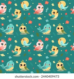 Pattern birds brightly colored with big eyes. On light background for postcards, banners. Vector illustration.