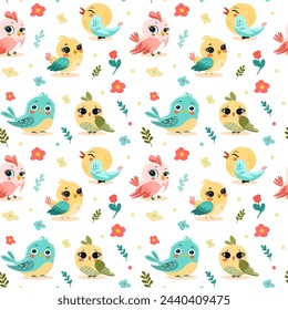 Pattern birds brightly colored with big eyes. On light background for postcards, banners. Vector illustration.