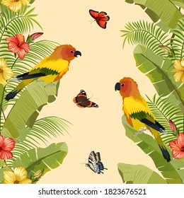 Pattern with birds and butterflies. Multicolored birds and butterflies in a seamless pattern with leaves.