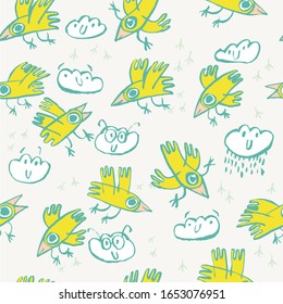 Pattern with birds and clouds. Calligraphy. Color vector illustration. Can be used for wrapping paper, wallpaper, fabric, gift wrap, backgrounds.