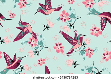 Patrón de aves flores de primavera lindas