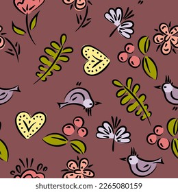 Pattern with birds and decorative elements on a dark background, vector graphics