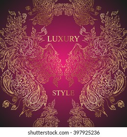 Pattern of birds and feathers on dark pink background. Luxury style. Vector Element for your design. Hand drawn illustration.
