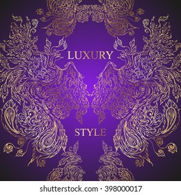 Pattern of birds and feathers on dark purple background. Luxury style. Vector Element for your design. Hand drawn illustration.
