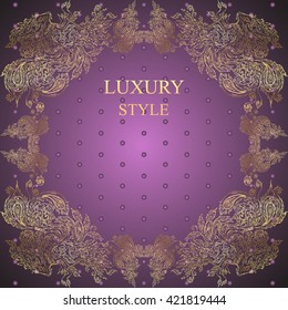 Pattern of birds and feathers on purple background. Luxury style.Vector element for your design. Hand drawn illustration.