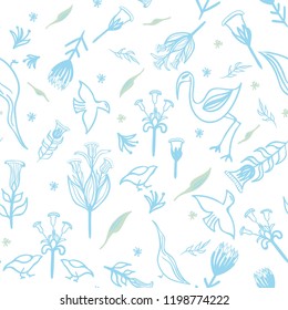 Pattern birds flowers baby blue green on white background linear