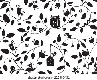 Pattern Birds flowers Black & White