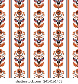 Patrón con Aves y flores de estilo plano, Flores silvestres, aves estilizadas, flores estilizadas, adorno, patrón infantil, sin foco, vector, impresión.