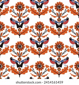 Pattern with Birds and flowers in flat style, Wild flowers, Stylized birds, stylized flowers, ornament, Children's pattern, Seamless, vector, print.