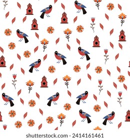 Pattern with Birds and flowers in flat style, Wild flowers, Stylized birds, stylized flowers, ornament, Children's pattern, Seamless, vector, print.