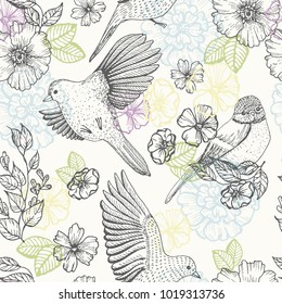 Pattern with birds and flowers, line drawings, ink drawing, hand drawn illustration
