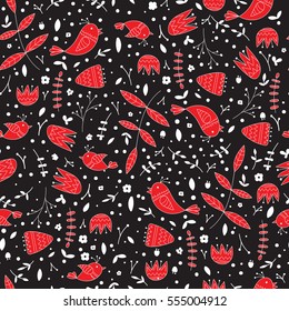  The pattern of birds and flowers on a black background.  small flowers seamless pattern.  graphic print