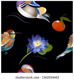 pattern with birds and fruits