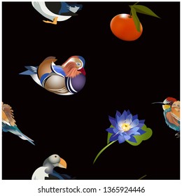 pattern with birds and fruits
