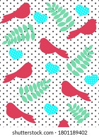 pattern with birds hearts dotted and leaflet 