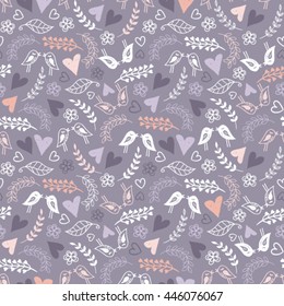 Pattern with birds, hearts and floral elements