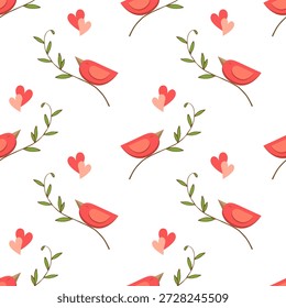 Pattern with birds and hearts for Valentines Day, declaration of love, birds serenading your beloved.