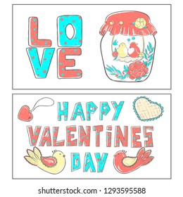 Pattern Birds in love in jar decorated with flowers. Beautiful vector cute greeting card