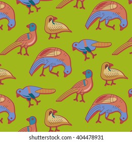 Pattern with birds on the green background. Vector illustration.