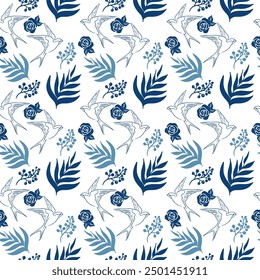 A pattern with birds, plants and berries in blue tones creates comfort and tranquility.Thanks to this combination, the pattern can be an excellent choice for decoration Vector illustration
