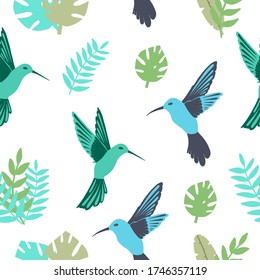 Patrón de pájaros en las plantas. Las aves en tonos azules vuelan entre las hojas