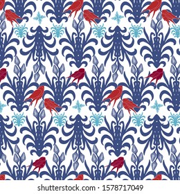 Pattern of birds sitting in the bushes. Cover, packaging, print for textiles.