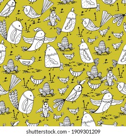 Pattern with birds, small beautiful birds of different shapes. Flying bird. Coloring book for children and adults. For wallpaper, design, textiles. Stock hand graphics. Isolate.