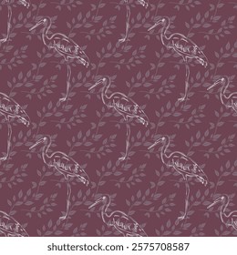 A pattern of birds stork is shown on a purple background. The birds are white and black. The pattern is made up of many birds