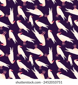 A pattern of birds with their wings spread out. The birds are white and the background is purple