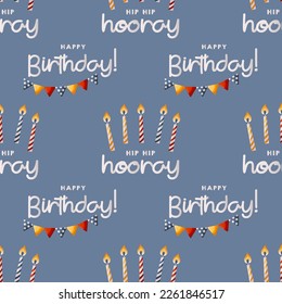 Pattern with Birthday cake candles, carnival flags. Hip hip hooray handwritten lettering. Birthday party, celebration, holiday, festive. Perfect for product design, wallpaper, wrapping paper. 