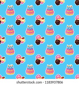 Pattern Birthday cake with candles for celebration party, cake, confectionery cupcakes. Event, celebration, party, holiday concept. Seamless pattern